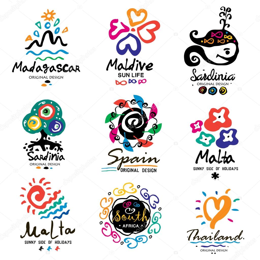 Travel Summer logo set. Down South the emblem of the brand. South island Logo. The equator logo. Tourist marks made with ink. Logo of tourism is handmade. Outdoor sign. Vacation, holiday set design element.