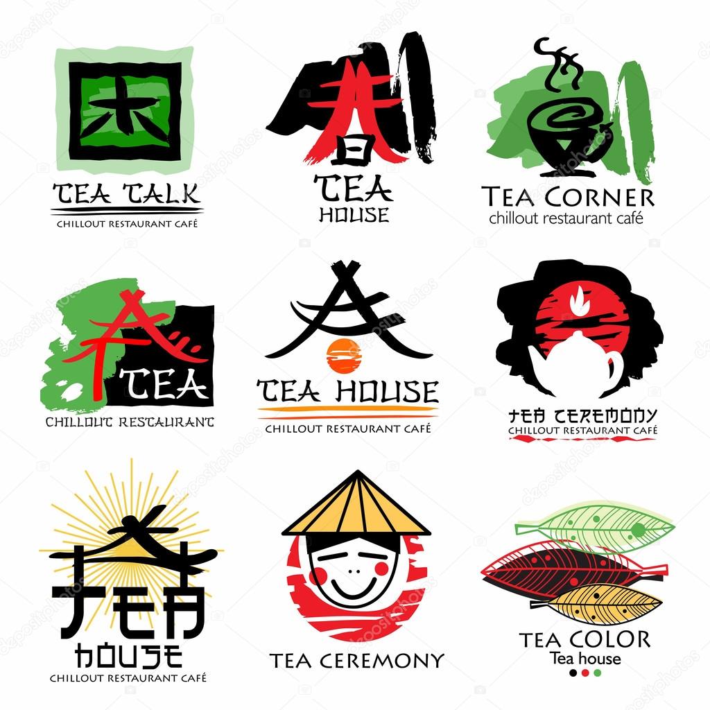 Tea house logo set. Tea ceremony sign logo. Green tea logo. Oriental tea character. Chinese character. Signs symbols ink in manual drawing. Set logo element, hand-drawn with ink in Oriental Style