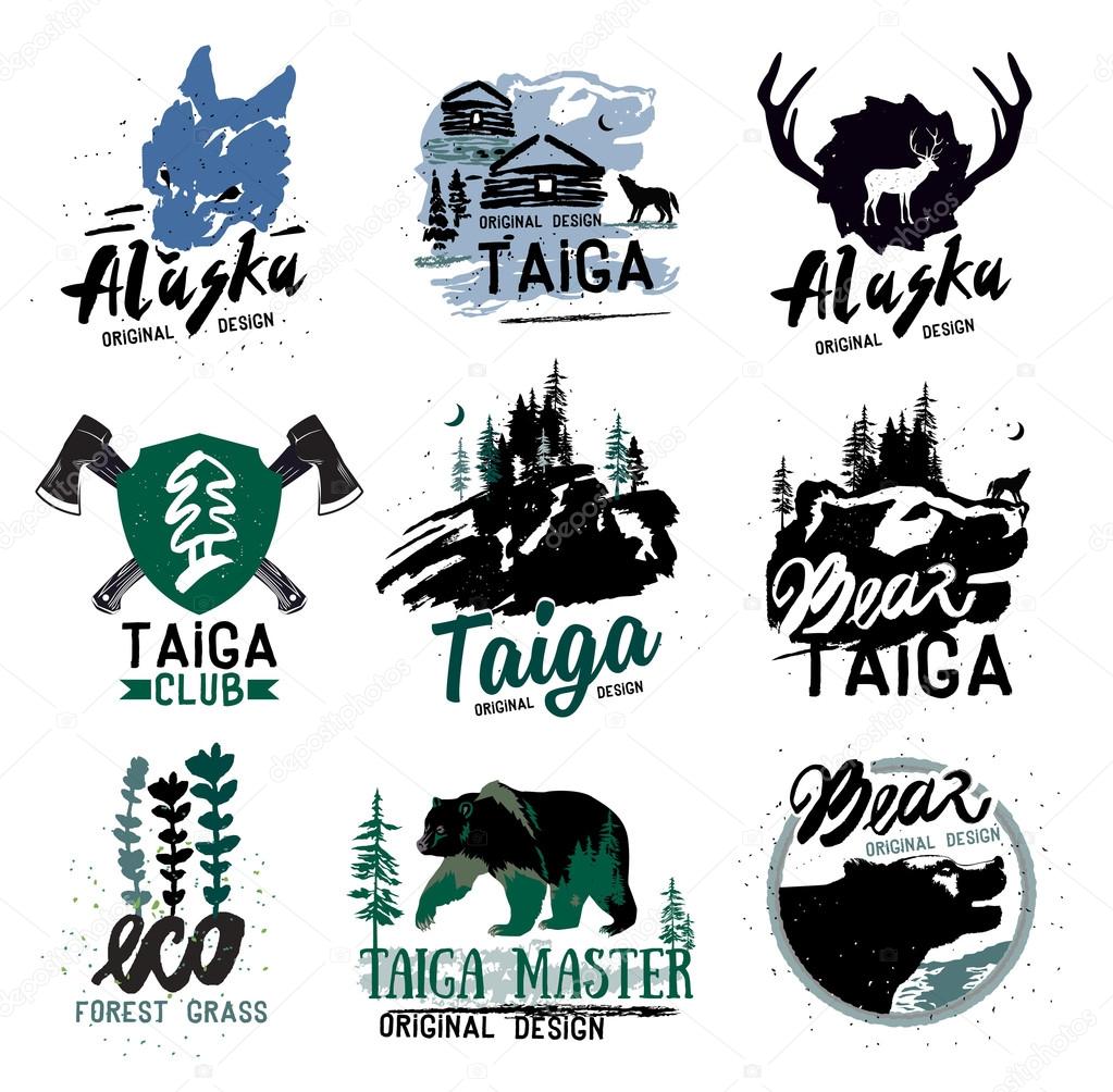 Taiga logo sign set. Forest logotype. Bear taiga emblems. Vintage Camping logo. A silhouette of a deer, bear, wolf. Wild wood logo sign. Wild animals in nature. Wildlife, outdoor landscape logo emblem.