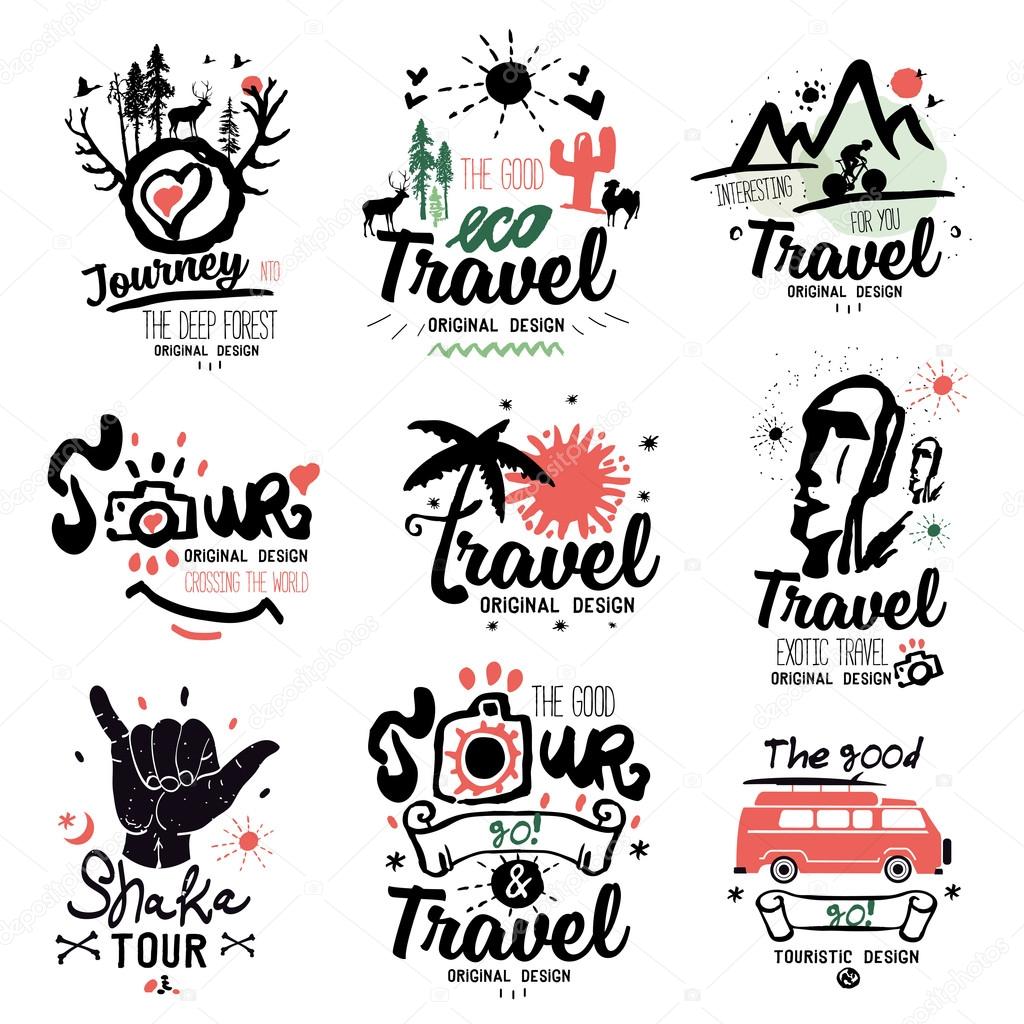 Travel logo set. Tour logo. Tourist handmade logo.