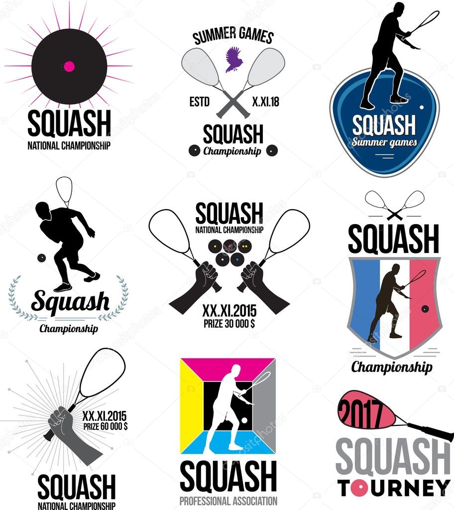 Set of retro squash logos, emblems and design elements. Icons rackets and athletes. Emblem squash Championships.