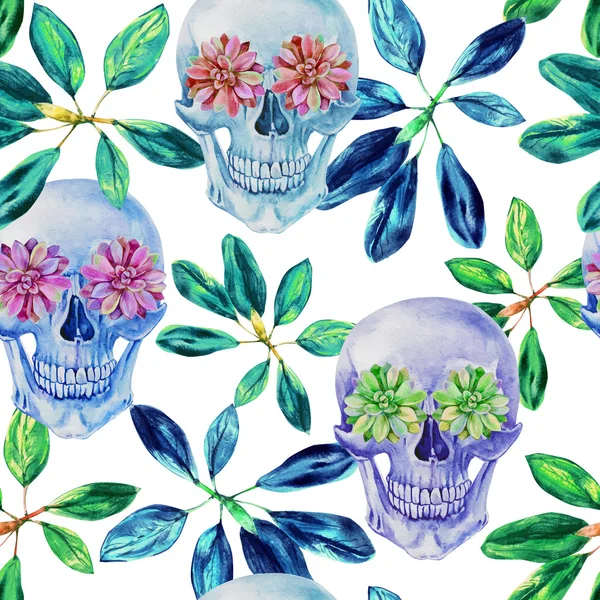 Seamless pattern with skull and plants — Stock Vector