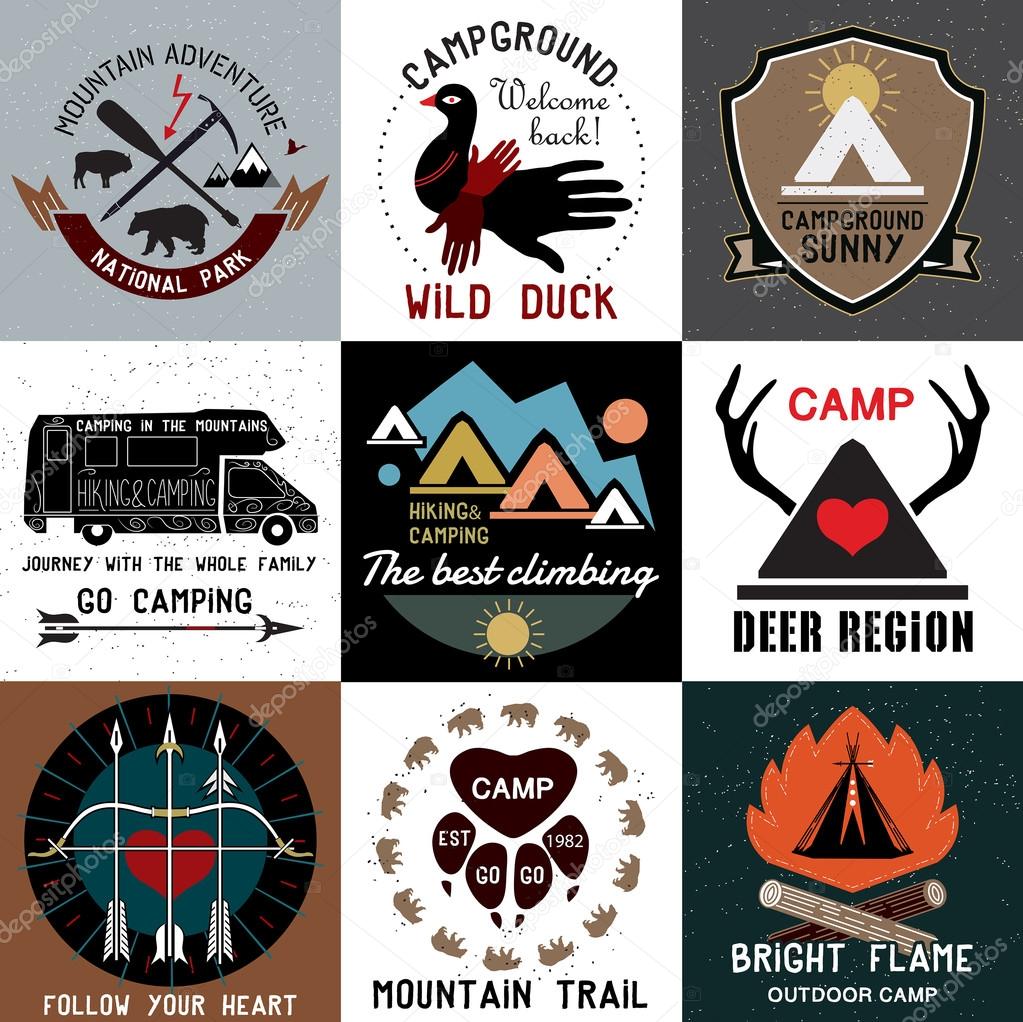 Set of vintage camping logos. Vector logo templates and badges with animals, forest, mountain, tent, campfire, antlers. Symbols of the national park and open camp.