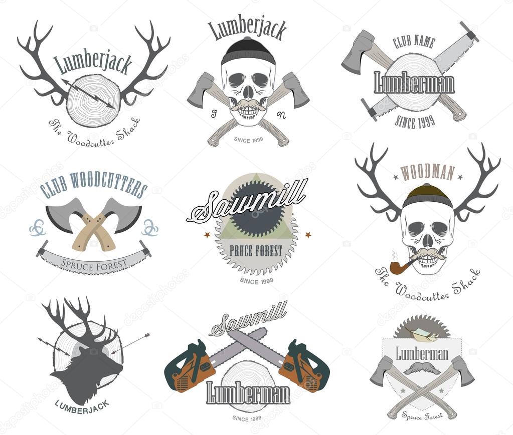 Set of vintage lumberjack labels and design elements. Vector illustration