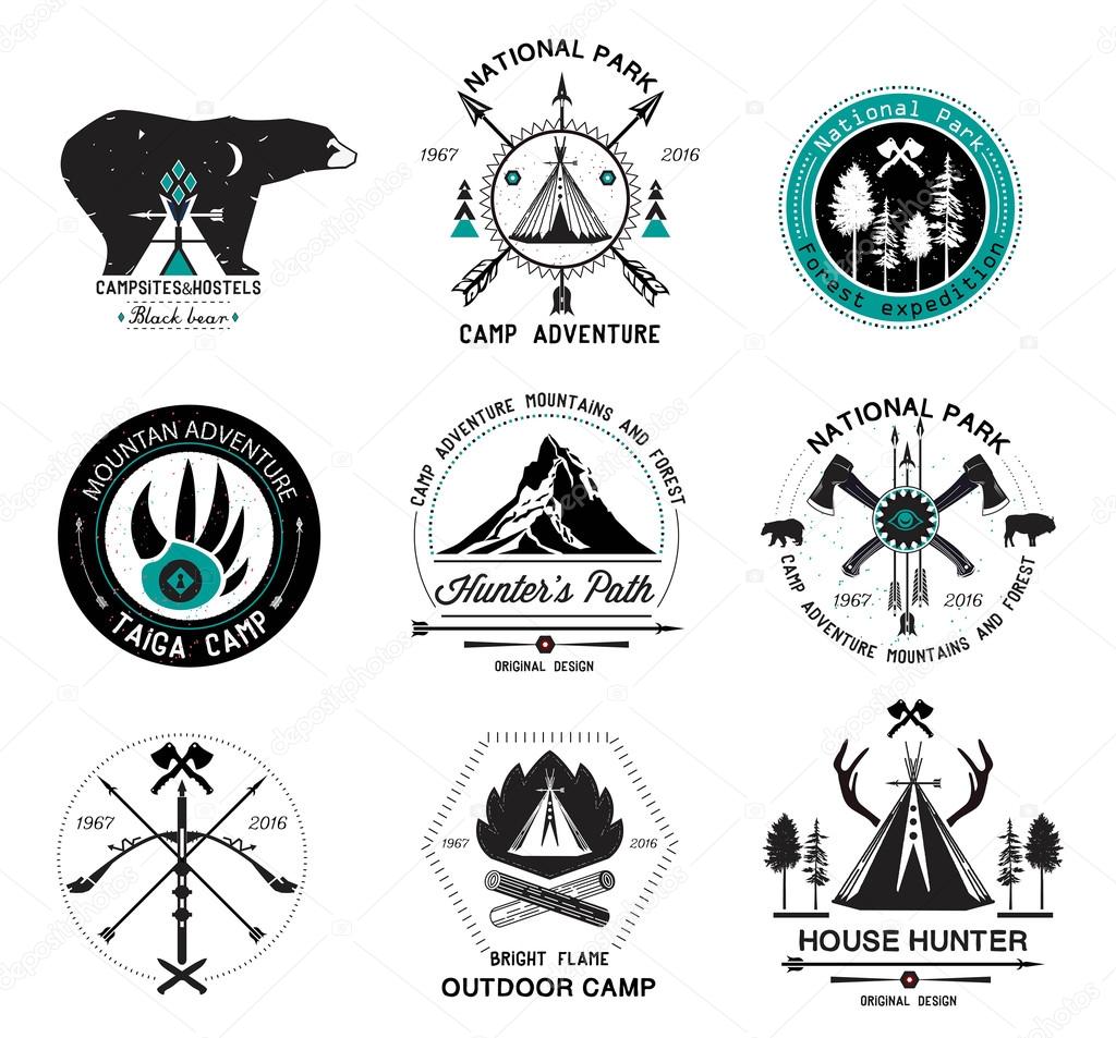 Set of vintage hunting, ethnics logo, labels and design elements. Arrows, Indian elements. Symbols and embellishments