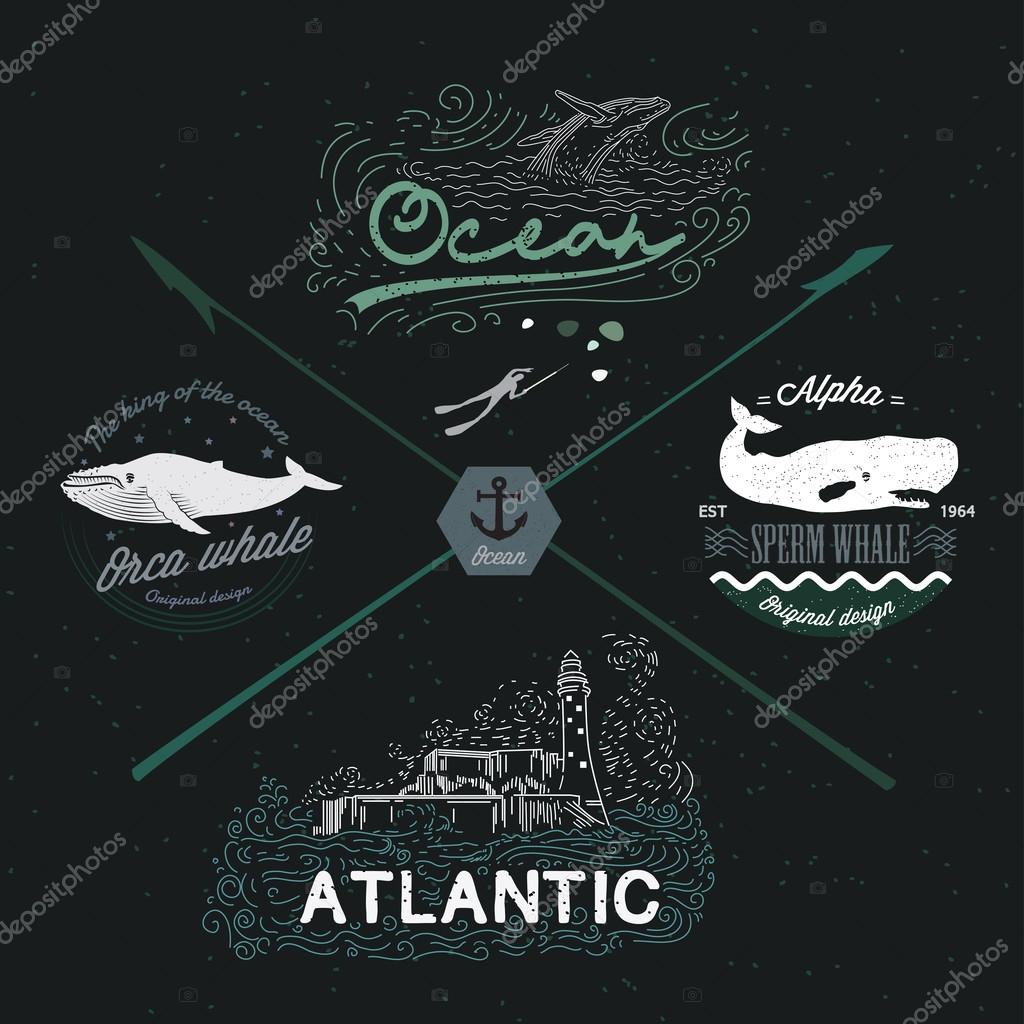 Set of vintage nautical emblems, logos, design elements. Marine Image: whale, water, ocean, lighthouse, seascape