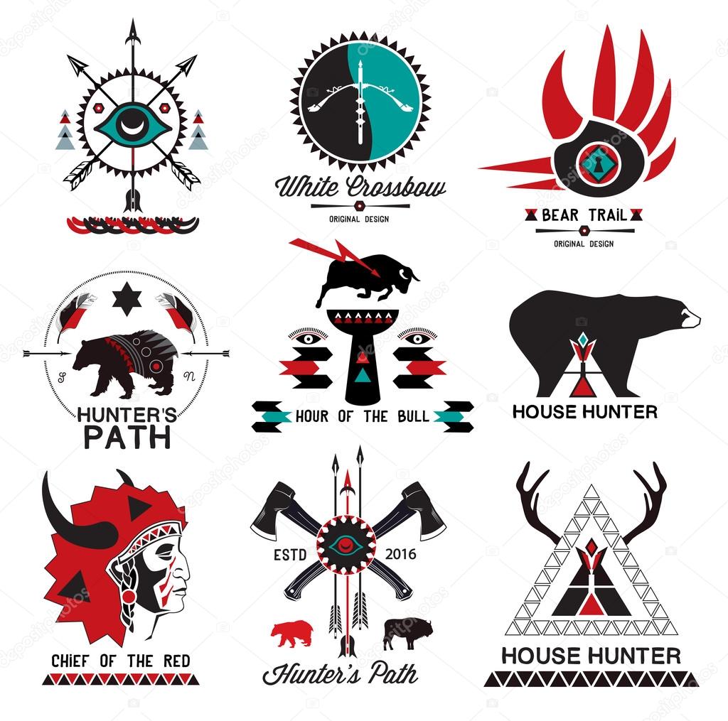 Set of vintage hunting, ethnics logo, labels and design elements. Arrows, Indian elements. Symbols and embellishments