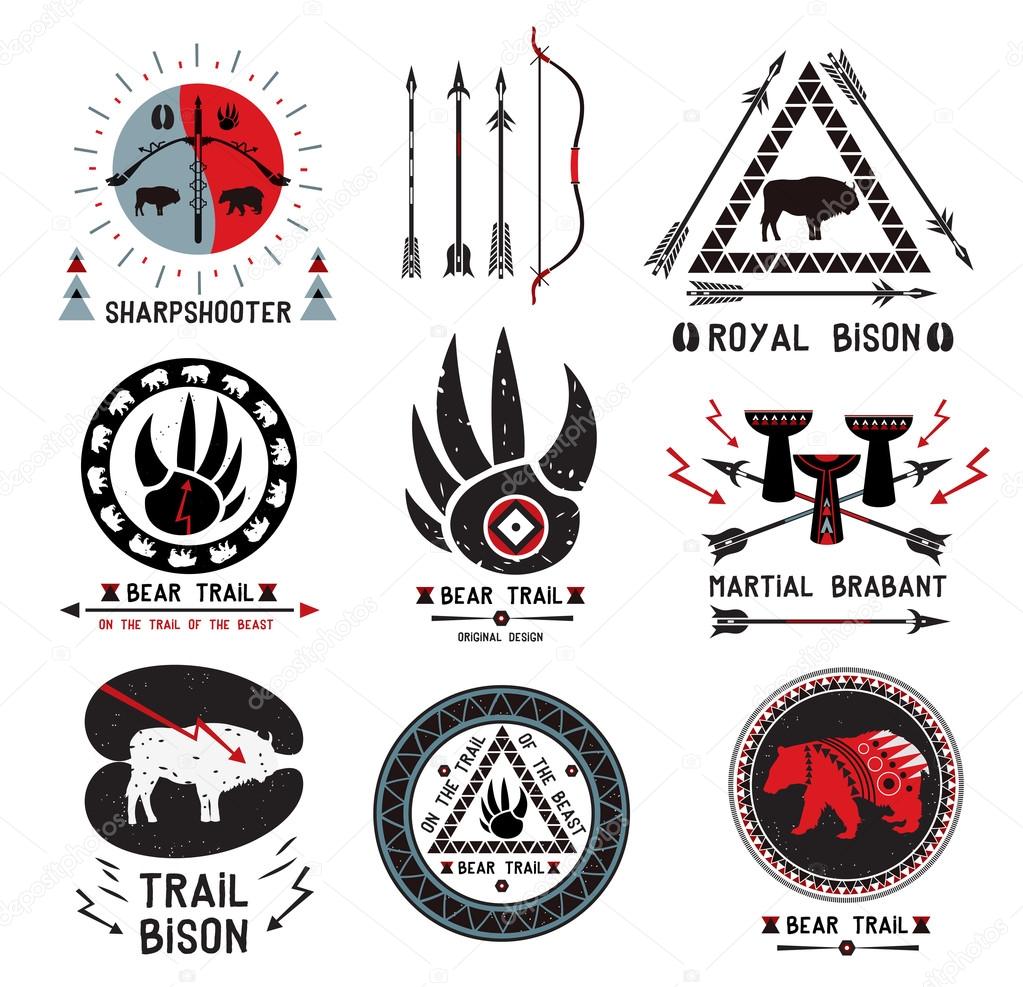 Set of vintage hunting, ethnics logo, labels and design elements. Arrows, Indian elements. Symbols, signs and embellishments.