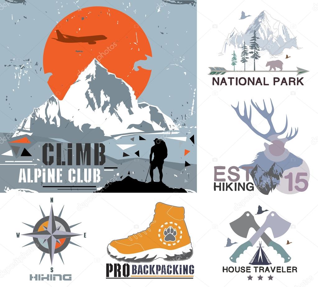 Set of vintage outdoor camp and the national park badges, logo and design elements. Vintage print, mountain travel Style. Typography vector Elements