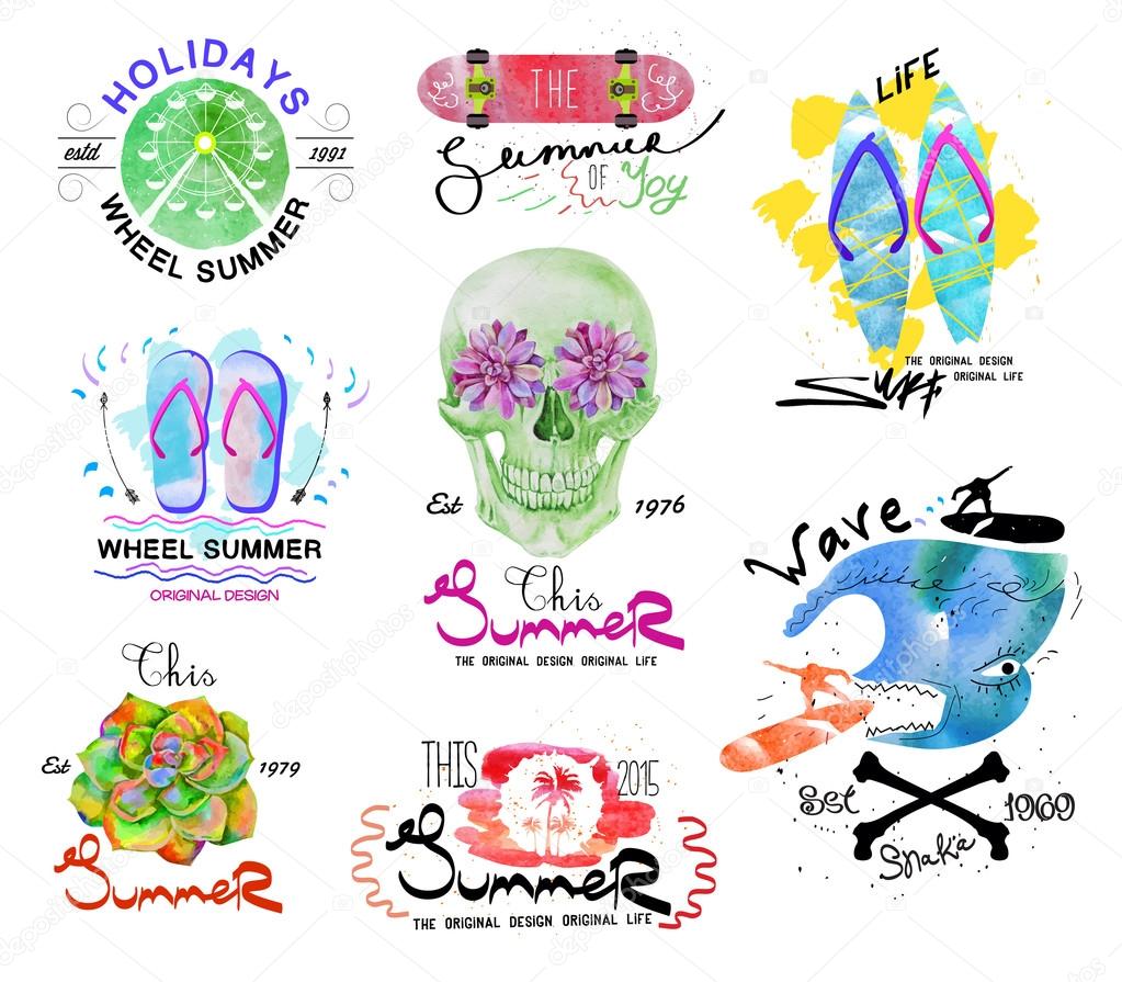 Set of summer labels, logo and designed elements. The elements of design are made by hand with watercolor