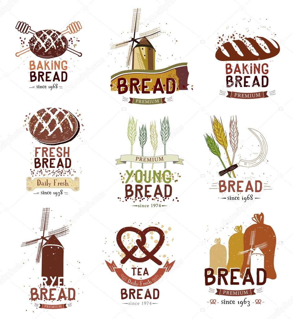 Set of retro bakery and bread logos, labels, badges and design elements. Label and logo: with bread, wheat, windmill and baking