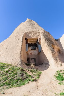 Tarihi evi volkanik kaya, Kapadokya, Türkiye