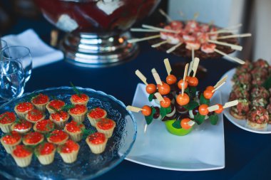 Güzel dekore edilmiş yemek sofrası. Farklı atıştırmalıklar ve aperatiflerle.