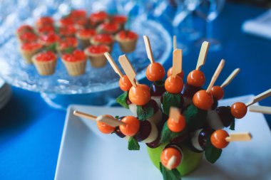 Güzel dekore edilmiş yemek sofrası. Farklı atıştırmalıklar ve aperatiflerle.