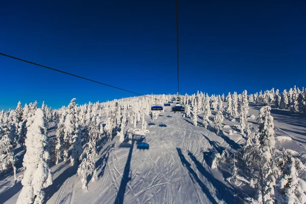 Schöne kalte Bergsicht auf Skigebiet, sonniger Wintertag mit Piste, Piste und Skilift — Stockfoto