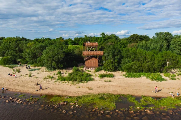 Aerial summer vibrant view of West Kotlin state nature reserve, ecological path trail with bird watching tower, Kotlin island, Kronstadt, Saint-Peterburg, Russi