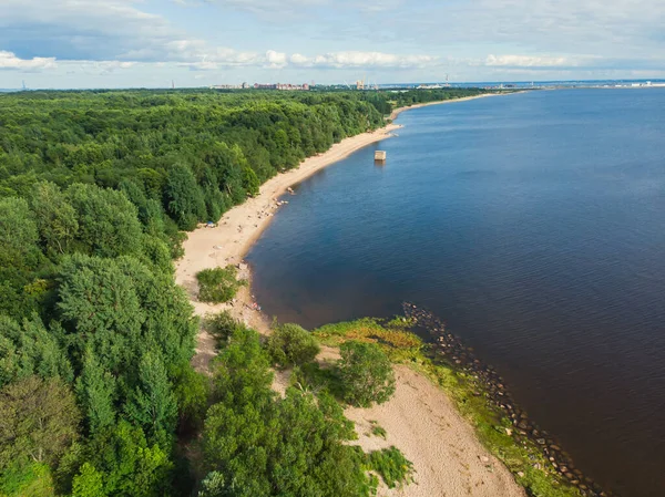 Aerial summer vibrant view of West Kotlin state nature reserve, ecological path trail with bird watching tower, Kotlin island, Kronstadt, Saint-Peterburg, Russi