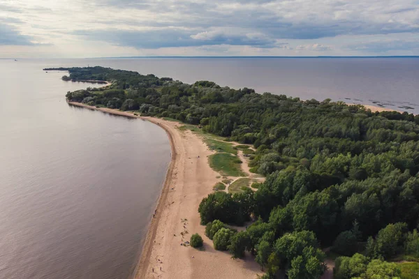 Aerial summer vibrant view of West Kotlin state nature reserve, ecological path trail with bird watching tower, Kotlin island, Kronstadt, Saint-Peterburg, Russi