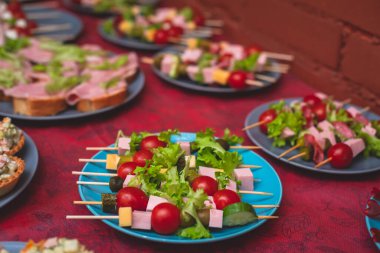 Güzel dekore edilmiş yemek masası farklı ev yapımı atıştırmalıklar ve aperatiflerle kurumsal doğum günü partileri ya da düğün kutlaması, farklı vejetaryen atıştırmalıkları.