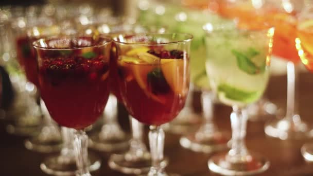 View Alcohol Setting Catering Banquet Table Row Line Different Colored — Stock Video