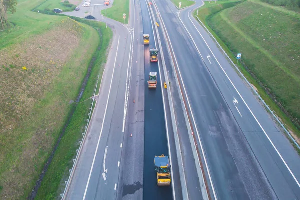 Asphalt Paver Machine Steam Road Roller Road Construction Repairing Works — Fotografia de Stock