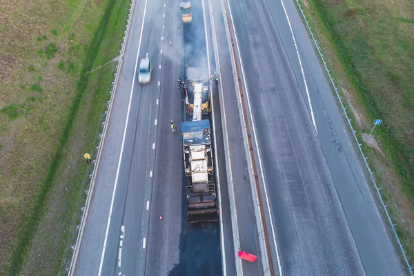 Asphalt Paver Machine Steam Road Roller Road Construction Repairing Works — Stock Photo, Image