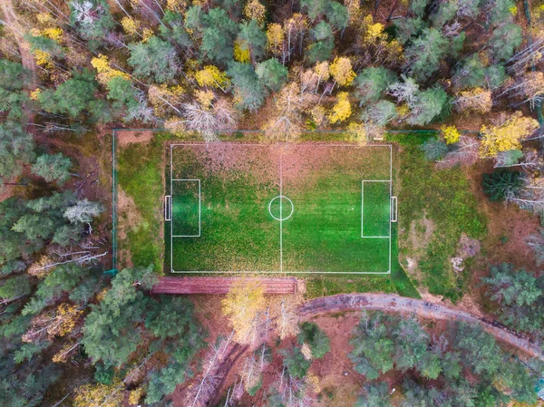 Aerial Drone View Football Soccer Pitch Field Green Grass Fall — Zdjęcie stockowe