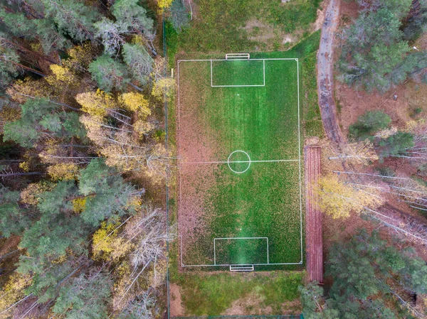 Aerial Drone View Football Soccer Pitch Field Green Grass Fall — Stok fotoğraf