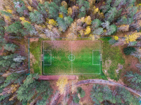 Aerial Drone View Football Soccer Pitch Field Green Grass Fall — Stok fotoğraf