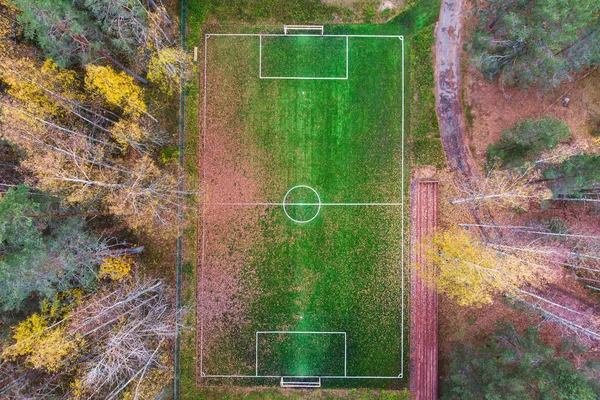 Luftbild Drohne Fußballfeld Grünes Gras Herbst Lebendige Spielfeld Mit Gefallenen — Stockfoto