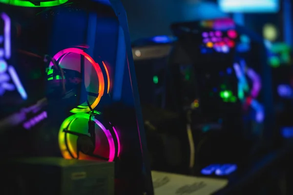 View of Gaming PC with rgb led lights, powerful high end personal computer, assembled with hardware components, at home or at the cybersport arena