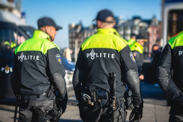 Niederländische Polizeitruppenbildung Und Berittene Polizei Rückansicht Mit Polizei Logo Auf — Stockfoto