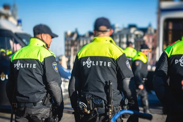 Niederländische Polizeitruppenbildung Und Berittene Polizei Rückansicht Mit Polizei Logo Auf — Stockfoto