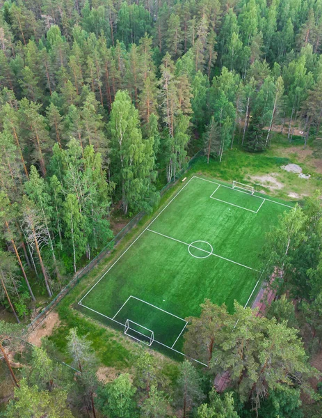 緑の森の中に隠された森の中でサッカーのピッチフィールド 緑の芝生の夏の活気のあるピッチ遊び場の空中ドローンビュー — ストック写真