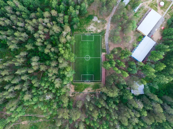 緑の森の中に隠された森の中でサッカーのピッチフィールド 緑の芝生の夏の活気のあるピッチ遊び場の空中ドローンビュー — ストック写真