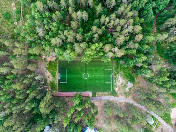 Drohnen Ansicht Des Fußballfeldes Grünen Grases Sommer Lebendigen Spielfeld Wald — Stockfoto