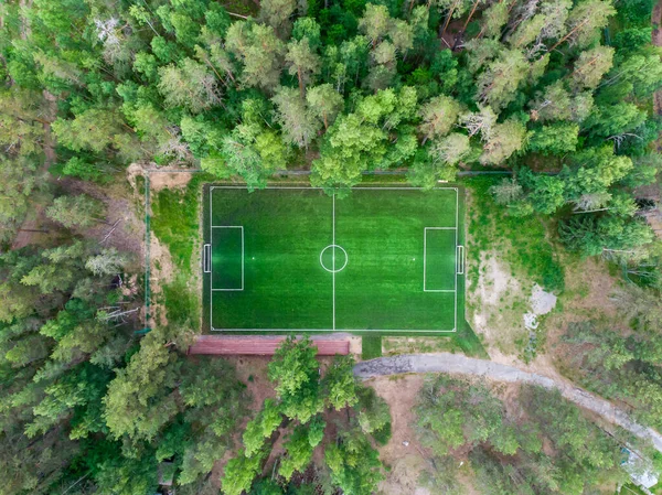 緑の森の中に隠された森の中でサッカーのピッチフィールド 緑の芝生の夏の活気のあるピッチ遊び場の空中ドローンビュー — ストック写真