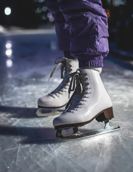 Close View New White Ice Skates Boots Rink Motion Girl — стоковое фото