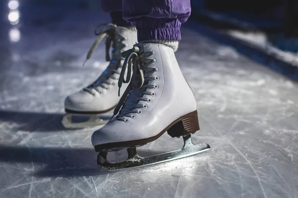 Close View New White Ice Skates Boots Rink Motion Girl — стоковое фото