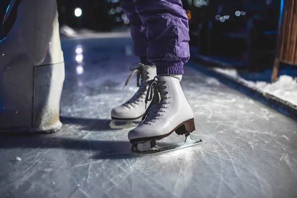 Close View New White Ice Skates Boots Rink Motion Girl — Stock fotografie