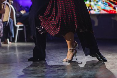 Genç çiftlerin dans ayakkabıları, dans eden çiftler balo salonunda geleneksel Latin dansı milongası, tango salsa bachata kizomba dersi, dans festivali, ahşap zemin, ayakkabı yakın görüntüsü.