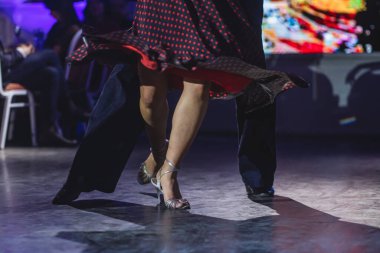 Genç çiftlerin dans ayakkabıları, dans eden çiftler balo salonunda geleneksel Latin dansı milongası, tango salsa bachata kizomba dersi, dans festivali, ahşap zemin, ayakkabı yakın görüntüsü.