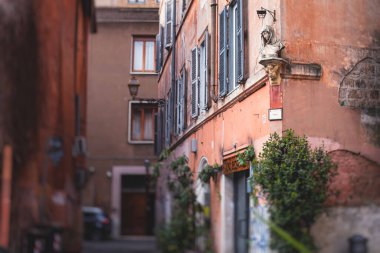 Trastevere ilçesi, Roma, İtalya, tarihi dar sokaklara sahip Rione Trastevere, Roma manzarası, Municipio I, Tiber 'in batı yakası Roma, Lazio, İtalya, restoranları ve mimarisi olan sokaklar