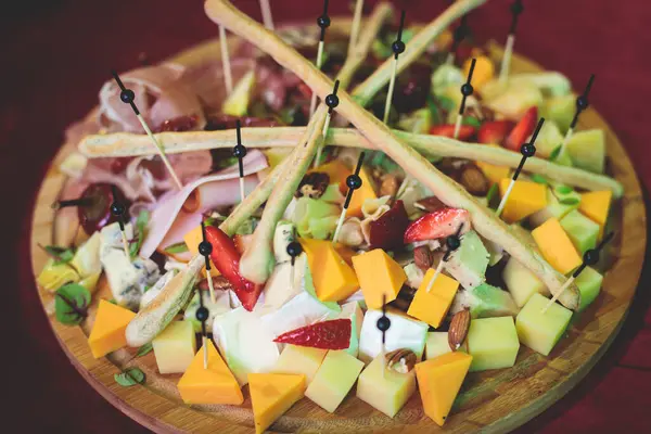 Catering Table Beautifully Decorated Banquet Variety Different Food Snacks Appetizers — Stock Photo, Image