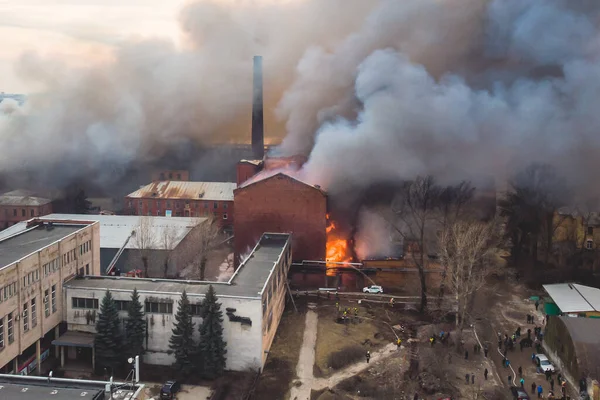 Massive Large Blaze Fire City Aerial Drone Top View Brick — Stock Photo, Image