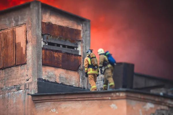 Firefighters Put Out Large Massive Fire Blaze Group Fire Men — Stock Photo, Image