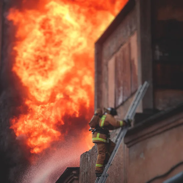 Feuerwehr Löscht Großbrand Gruppe Von Feuerwehrmännern Uniform Bei Löscheinsatz Den — Stockfoto