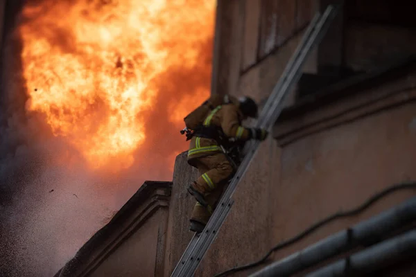 Firefighters put out large massive fire blaze, group of fire men in uniform during fire fighting operation in the city streets, firefighters with fire engine truck fighting vehicle