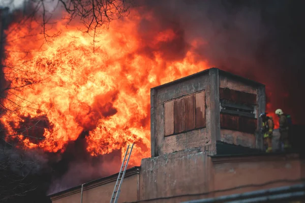 Enorme Grote Brand Stad Bakstenen Fabrieksgebouw Brand Hel Grote Brand — Stockfoto