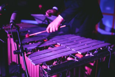 Ksilofon konser görüntüsü vibratör marimba çalar, tokmaklar davul sopaları, arka planda Latin orkestra müzik grubu sahne alacak.